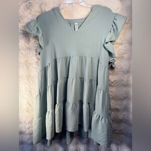 Sage Tiered V-Neck Ruffle Sleeve Tunic Dress